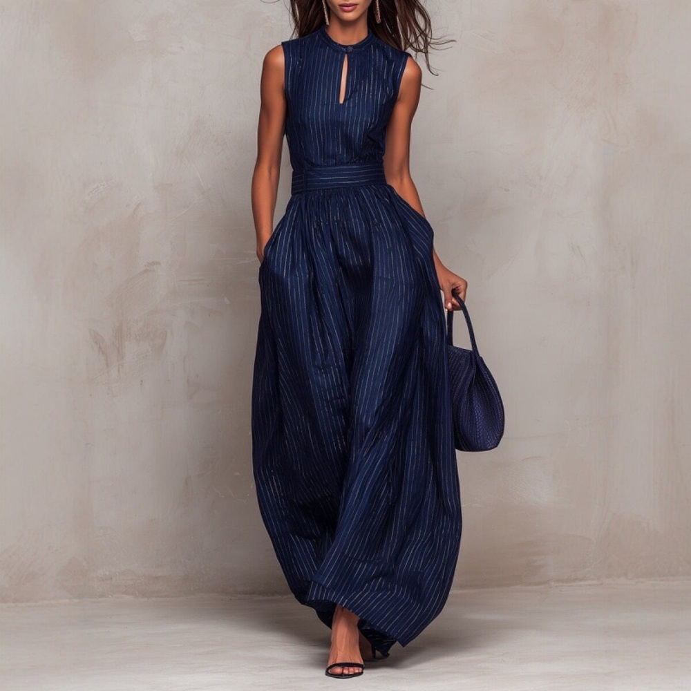 Zimmermann Sleeveless Navy Pinstripe Jumpsuit with Keyhole Neck - Picture 1 of 4